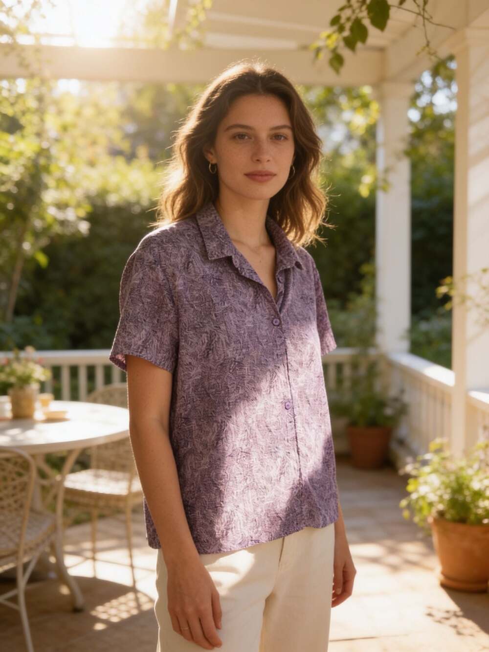 Eddie Bauer Women's Purple Short-Sleeve Woven Collared Button-Up Top Size L